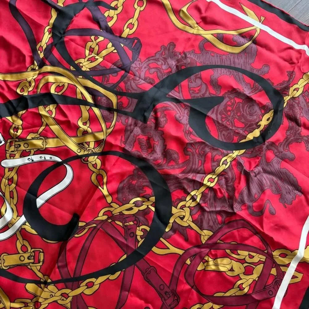 Vintage Silk “E” scarf with gold chain accents | Royal Red silk scarf est 1980